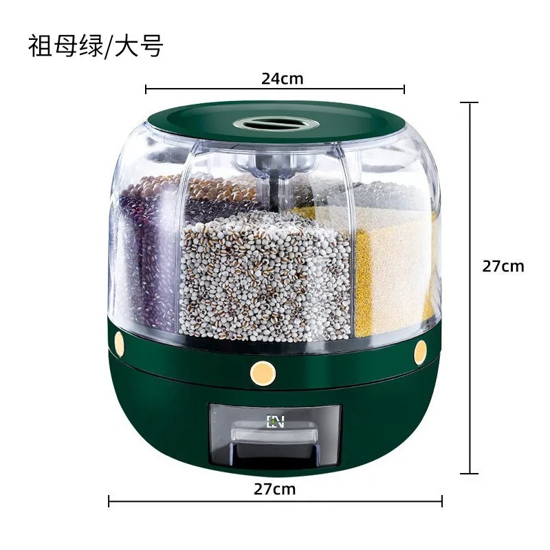 Rice bucket divided into grids, rotating, multi grid storage box for miscellaneous grains, household moisture-proof