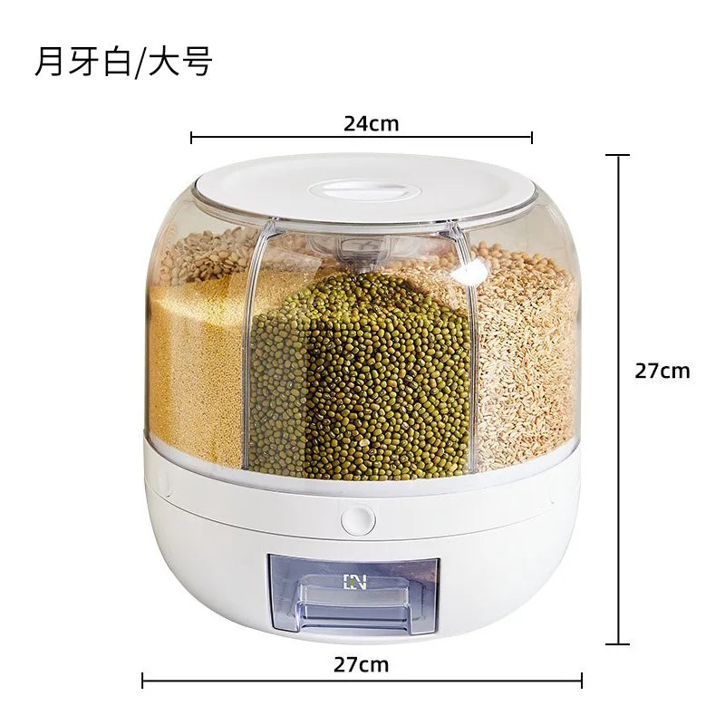 Rice bucket divided into grids, rotating, multi grid storage box for miscellaneous grains, household moisture-proof