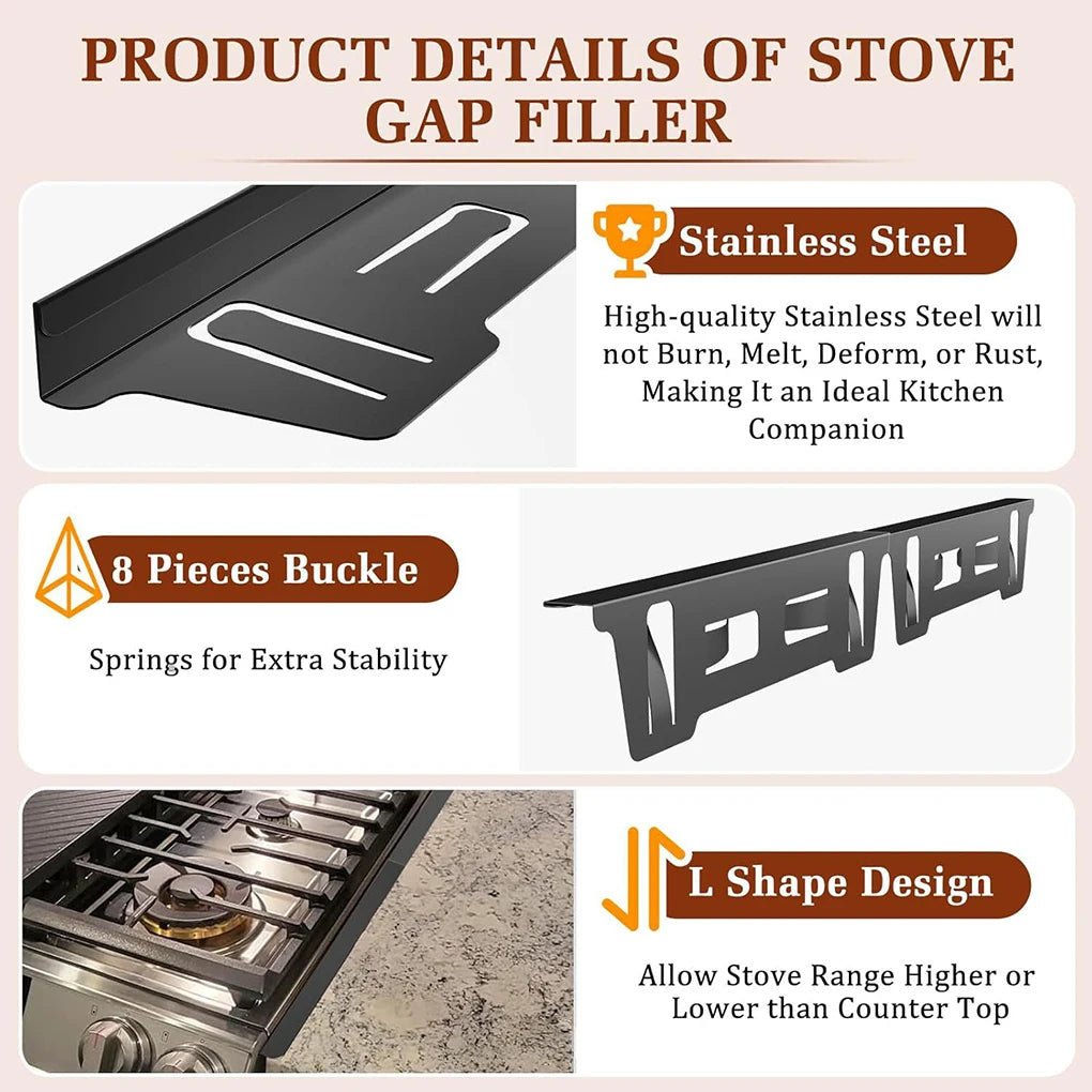 2PCS Stainless Steel Stove Gap Covers Adjustable Length Oven Side Gap Fillers Anti Rust Heat Resistant Stove Counter Gap Fillers