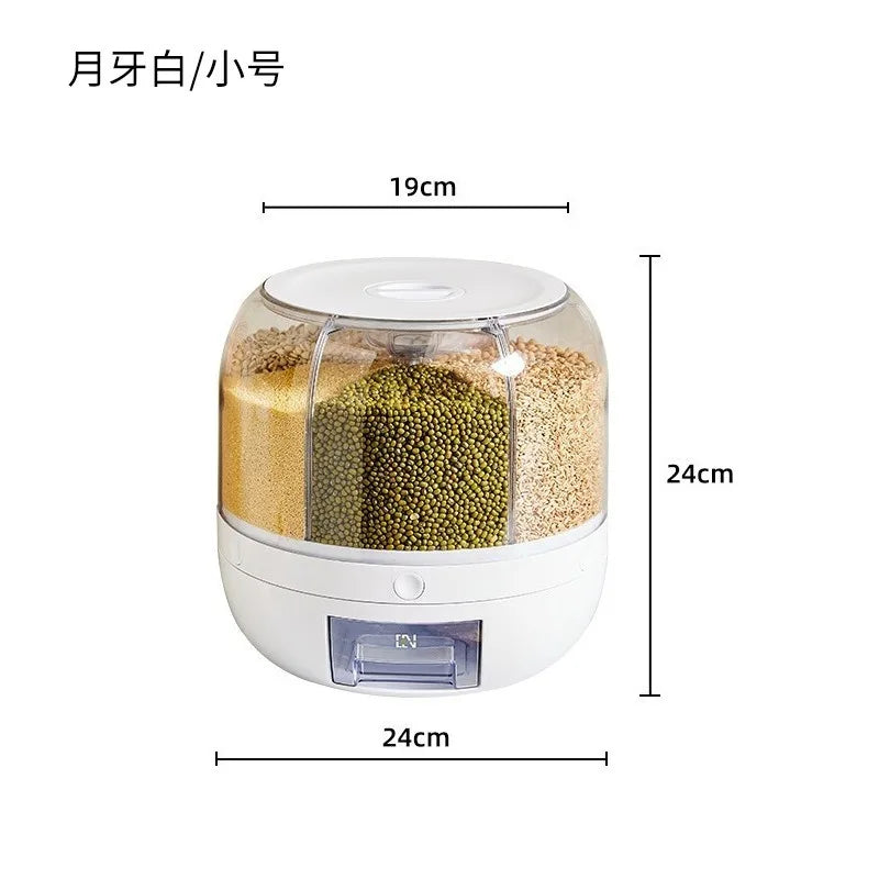 Rice bucket divided into grids, rotating, multi grid storage box for miscellaneous grains, household moisture-proof