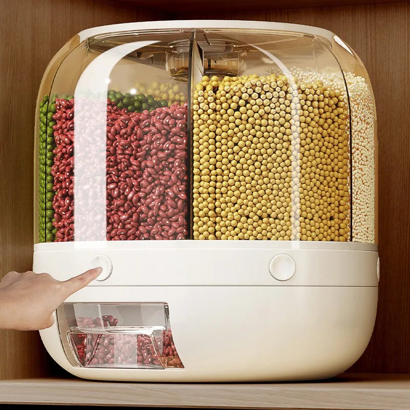 Rice bucket divided into grids, rotating, multi grid storage box for miscellaneous grains, household moisture-proof