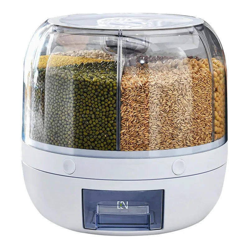 Rice bucket divided into grids, rotating, multi grid storage box for miscellaneous grains, household moisture-proof